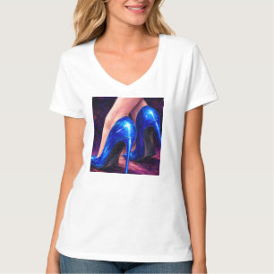 Elektrisch blauwe hoge hakken mode abstracte schil t-shirt