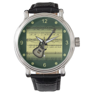 Elektrisch gitaar~Rollend blad Muziek~Gold/Groene  Horloge