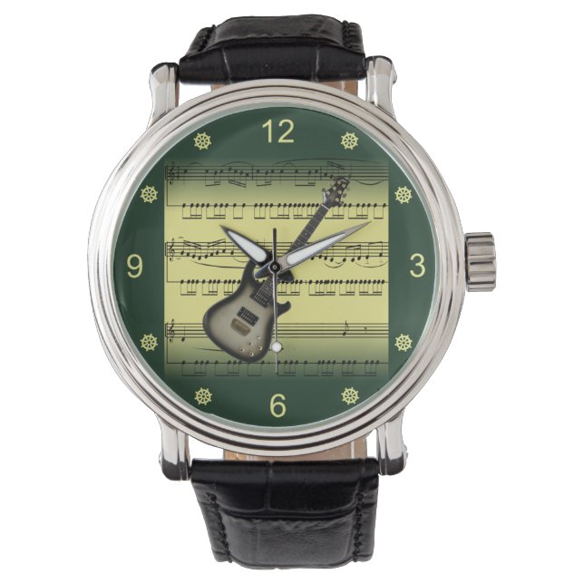 Elektrisch gitaar~Rollend blad Muziek~Gold/Groene  Horloge (Voorkant)