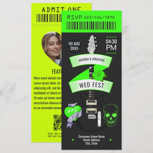 Elektrisch Lime Rock-'n-Roll Trouwticket Kaart (Voorkant / Achterkant)