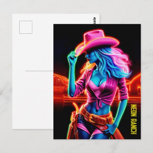 Elektrisch neon boerderij meisje in roze pet onder briefkaart (Voorkant / Achterkant)