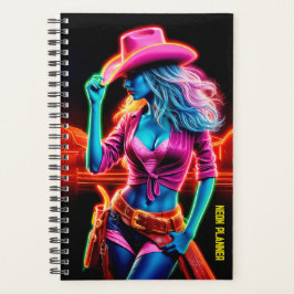 Elektrisch neon boerderij meisje in roze pet onder planner