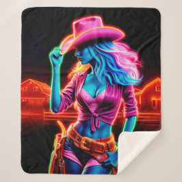 Elektrisch neon boerderij meisje in roze pet onder sherpa deken