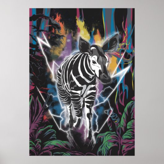 Elektrisch Oerwoud Okapi met Neon Lightning Poster (Voorkant)