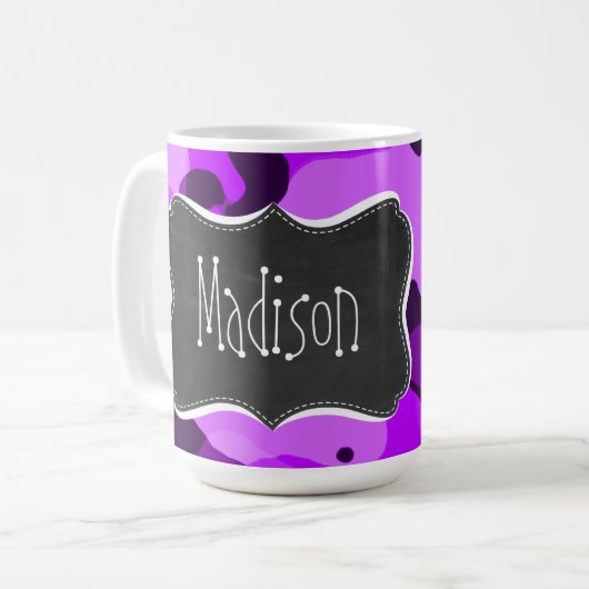Elektrisch Paars camo;  Chalkboard uiterlijk Koffiemok (Voorkant links)