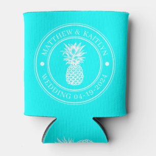 Elektrisch Retro Cyaan Ananas Trouw Crest & Naam Blikjeskoeler