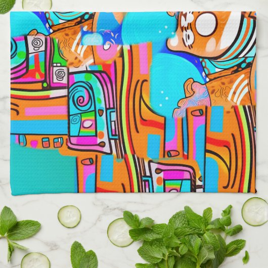 Elektrisch Sinaasappel & Cyaan Dreams - Abstracte  Theedoek (Gevouwen)