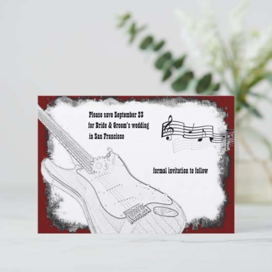 Elektrisch zwart-witte muziek met rookdatum save the date (Staand voorkant)