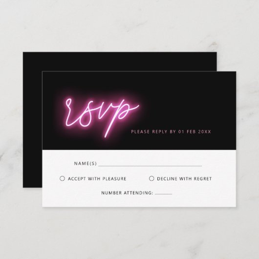 Elektrisch zwarte en roze Neon Glow RSVP Reply Kaa (Voorkant / Achterkant)