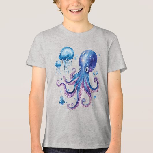 Elektrische Abyss Octopus & Glowing Jellyfish Tri-Blend Shirt (Voorkant)