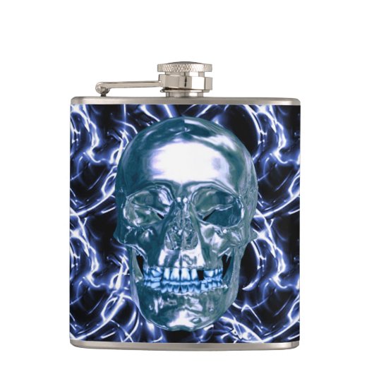 Elektrische Blauwe Chrome Schedel Flask Heupfles (Voorkant)