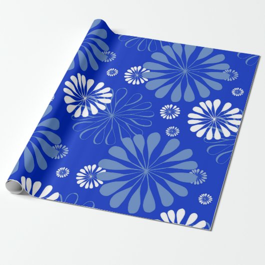 Elektrische Blauwe Moderne Bloemenprint Cadeaupapier (Uitgerold)