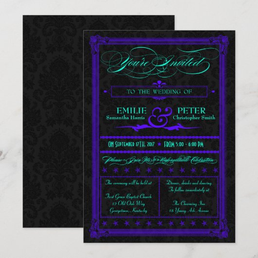 Elektrische Blauwgroen en Paarse uitnodiging tot w (Voorkant / Achterkant)