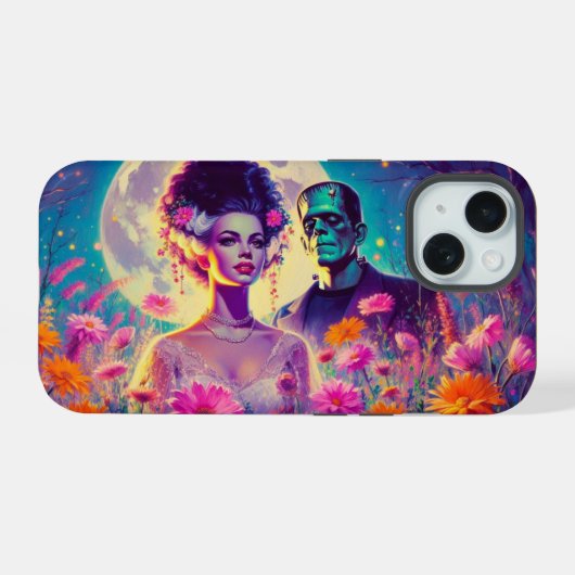 Elektrische bloemen iPhone 15 case (Achterkant horizontaal)