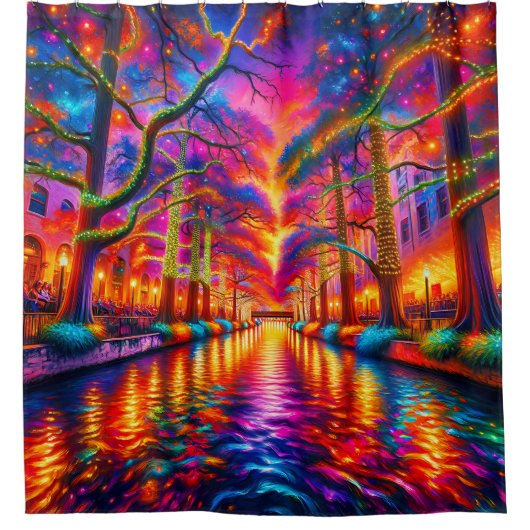 Elektrische Dreamscape: San Antonio Riverwalk Douchegordijn (Voorkant)