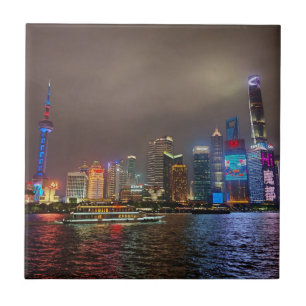 Elektrische Dromen - Futuristische Shanghai Silhou Tegeltje