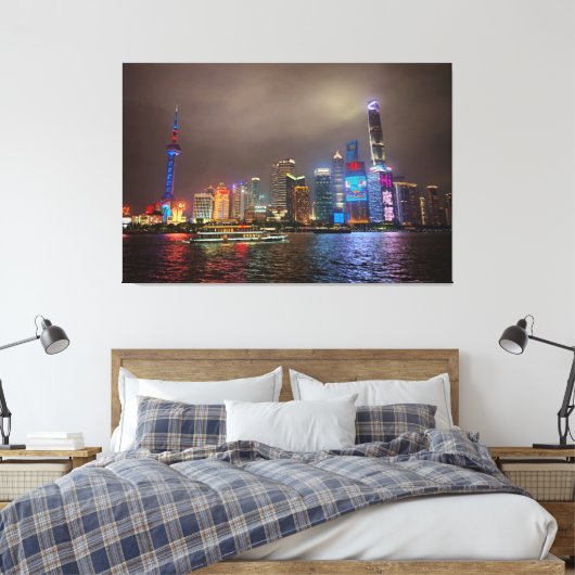 Elektrische dromen - Futuristische Shanghai Skylin Canvas Afdruk (Insitu (Slaapkamer))