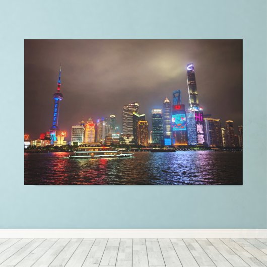 Elektrische dromen - Futuristische Shanghai Skylin Canvas Afdruk (Insitu (Houten vloer))