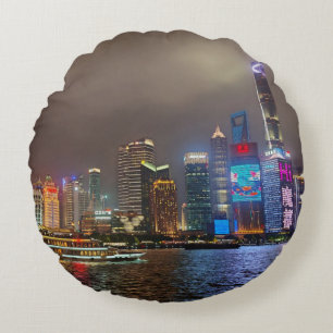 Elektrische dromen - Futuristische Shanghai Skylin Rond Kussen