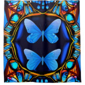 Elektrische elegantie: Neon Blue Butterflies Badka Douchegordijn (Voorkant)
