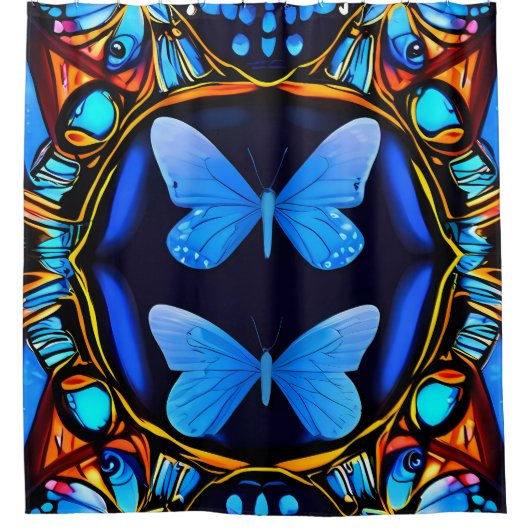Elektrische elegantie: Neon Blue Butterflies Badka Douchegordijn (Voorkant)