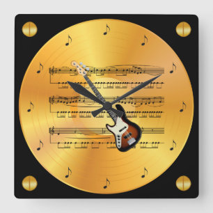 Elektrische gitaar ~ Blad-muziek ~ Gold Record ~ Vierkante Klok
