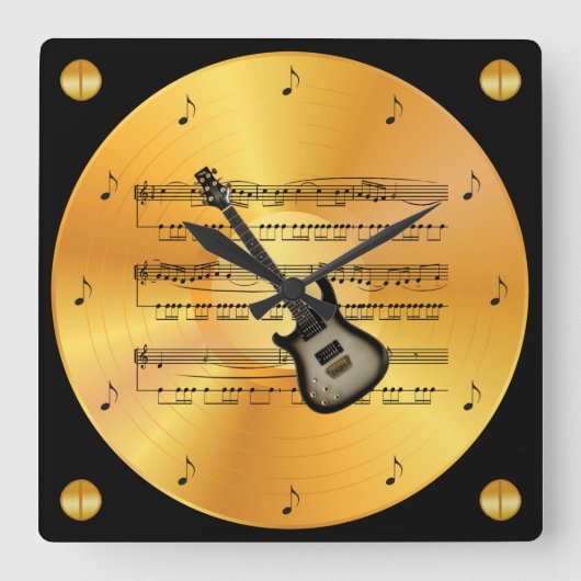Elektrische gitaar ~ Blad-muziek ~ Gold Record ~ Vierkante Klok (Voorkant)