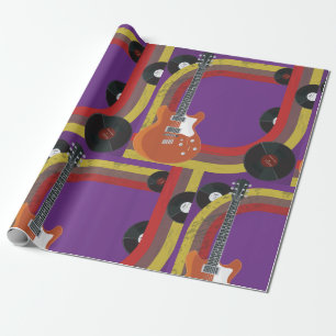 Elektrische Gitaar en Vinylplaten Vintage Muziek Cadeaupapier