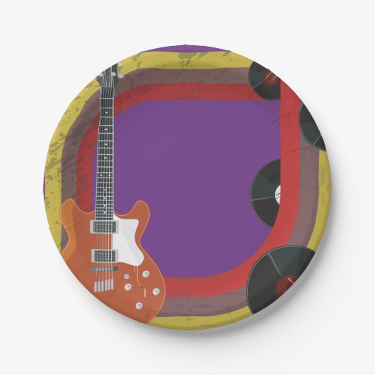 Elektrische gitaar en vinylplaten Vintage muziek Papieren Bordje (Voorkant)