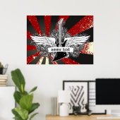 Elektrische gitaar en zwarte witte rode posters me (Thuiskantoor)