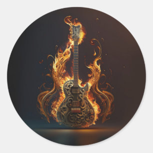 Elektrische gitaar in brand            ronde sticker