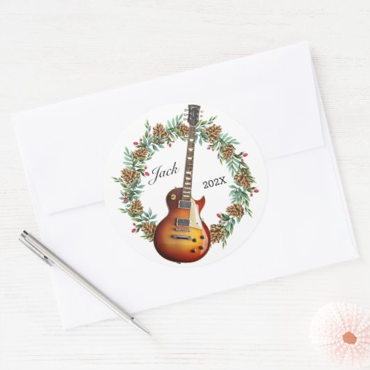 Elektrische Gitaar Kerst Krans Pine Kegels Muziek Ronde Sticker (Envelop)