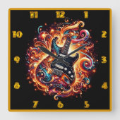 Elektrische gitaar ontsteekt in een gloed van kleu vierkante klok (Voorkant)