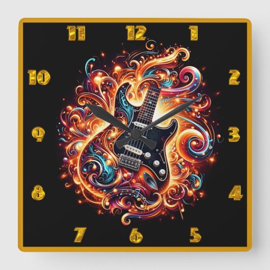 Elektrische gitaar ontsteekt in een gloed van kleu vierkante klok (Voorkant)