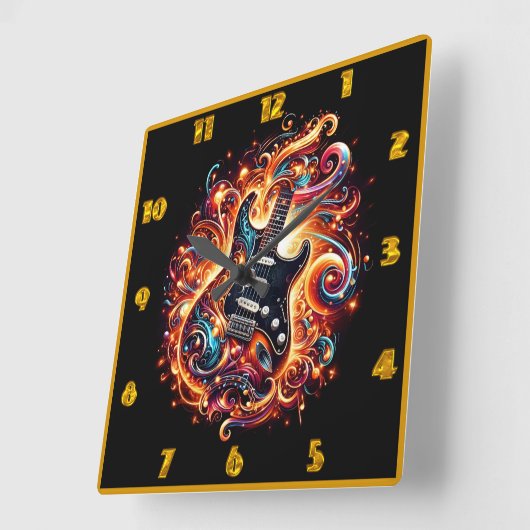 Elektrische gitaar ontsteekt in een gloed van kleu vierkante klok (Hoek)