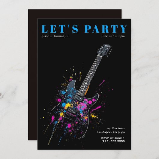 Elektrische gitaar verjaardagsfeestje uitnodiging (Voorkant / Achterkant)