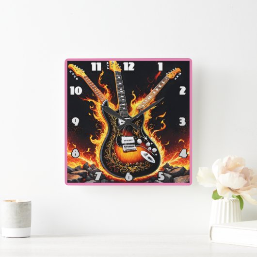 Elektrische gitaren barsten in vlammen op het podi vierkante klok (Huis)