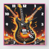 Elektrische gitaren barsten in vlammen op het podi vierkante klok (Voorkant)