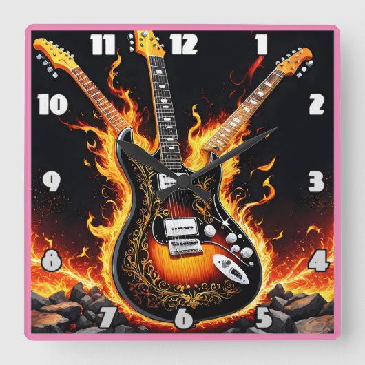 Elektrische gitaren barsten in vlammen op het podi vierkante klok (Voorkant)
