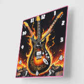 Elektrische gitaren barsten in vlammen op het podi vierkante klok (Hoek)