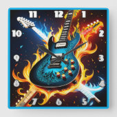Elektrische gitaren in een vurige muzikale explosi vierkante klok (Voorkant)