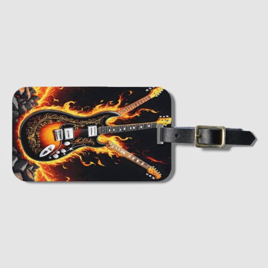 Elektrische gitaren in vlammen op bij zonsondergan bagagelabel (Voorkant (horizontaal))