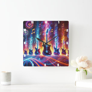 Elektrische gitaren omgeven door neon Muzieknoten Vierkante Klok
