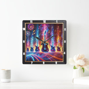 Elektrische gitaren omgeven door neon Muzieknoten Vierkante Klok