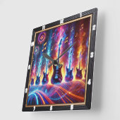 Elektrische gitaren omgeven door neon Muzieknoten Vierkante Klok (Hoek)