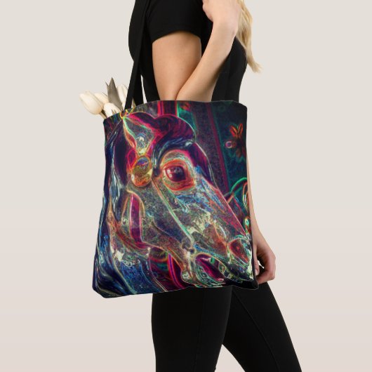 Elektrische kleuren Fiery Steed Carousel Horse Art Tote Bag (Dichtbij)
