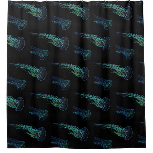 Elektrische kwal zwart en blauwgroen blauw groen. douchegordijn (Voorkant)
