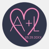 Elektrische Liefde Neon Roze Hart & Monogram Ronde Sticker (Voorkant)