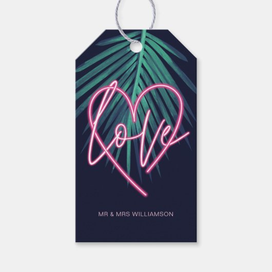 Elektrische Liefde Neon Roze Hart & Tropisch Palmb Cadeaulabel (Voorkant)