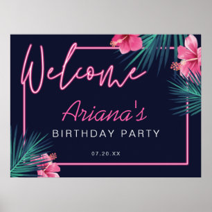 Elektrische Neon Pink Tropical Welkom Birthday Poster
